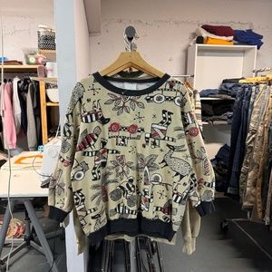 Vintage Cute All Over Print Sweater in Beige